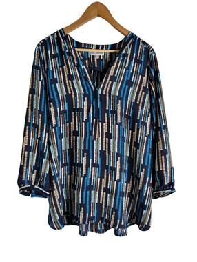 JM Collection Blue White Tan Geometric Stripe Pattern 3/4 Sleeve Blouse Sz XL
